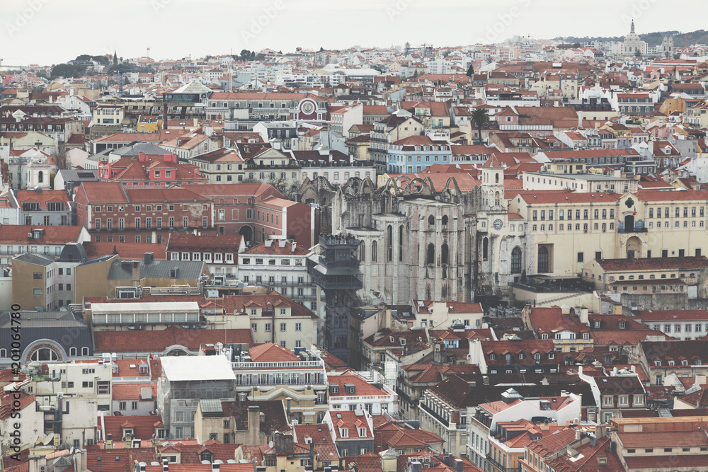 Panoramic view of Lisbon from the observation deck of the castle - Cityscape of the capital of Portugal .