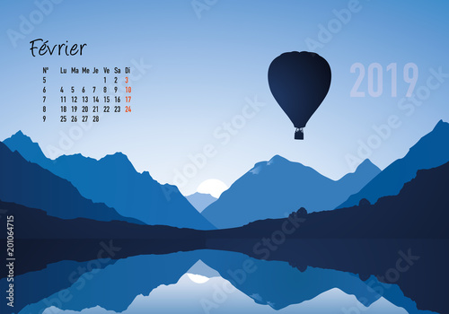 calendrier 2019 - calendrier - montgolfière - 2019 - paysage - février - année - mois - hiver - jour férié