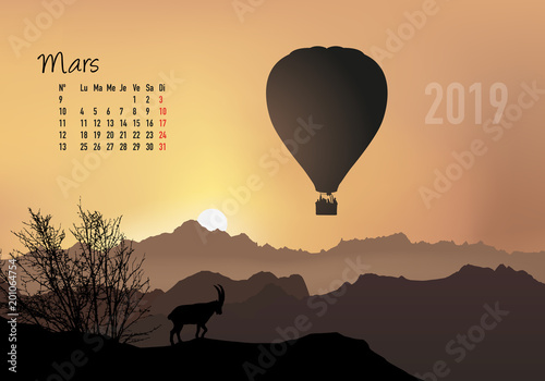 calendrier 2019 - calendrier - montgolfière - 2019 - paysage - mars - année - mois - printemps - jour férié