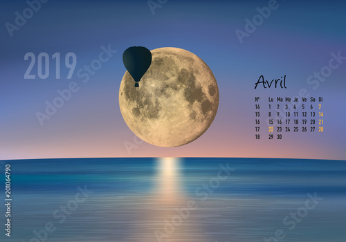 calendrier 2019 - calendrier - montgolfière - 2019 - paysage - avril - année - mois - printemps - jour férié