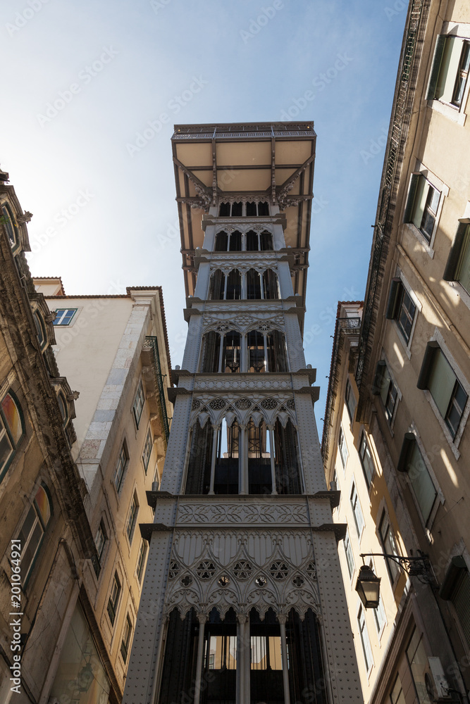 View of the of Santa Justa elevator from below - Lisbon, Portugal.