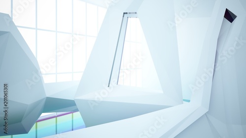 Abstract white and colored gradient glasses interior multilevel public space with window. 3D illustration and rendering.