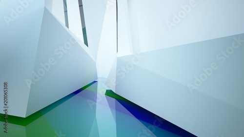 Abstract white and colored gradient glasses interior multilevel public space with window. 3D illustration and rendering.