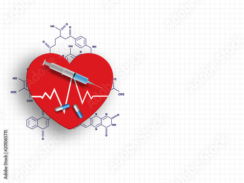 Heart cardiogram, needle and medicines on top of chemistry formula on grid background represent medical and health care concept. Line of cardiogram. Heart rate graphic. Technology Background. 
