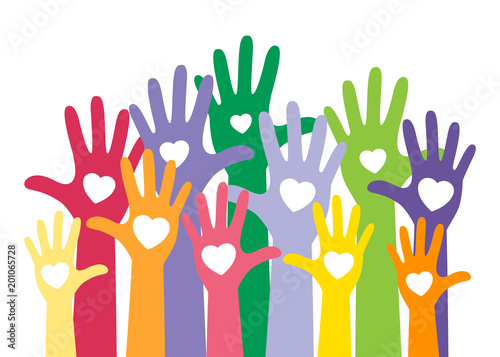 colorful up hands with heart, raise up for vote concept. Vector illustration isolated on white background