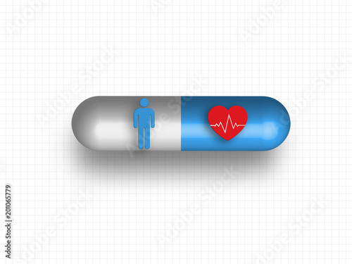 Human model and cardiogram in the medicine model on grid background. Concept of medical and health care. Technology Background. Vector Illustration.