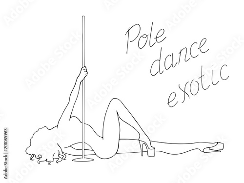 Black and white silhouette pole dance on a white background with lettering. Hand scketch exotic dance vector illustration. line clipart with text for logotype, badge, icon, logo, banner, tag, clothes