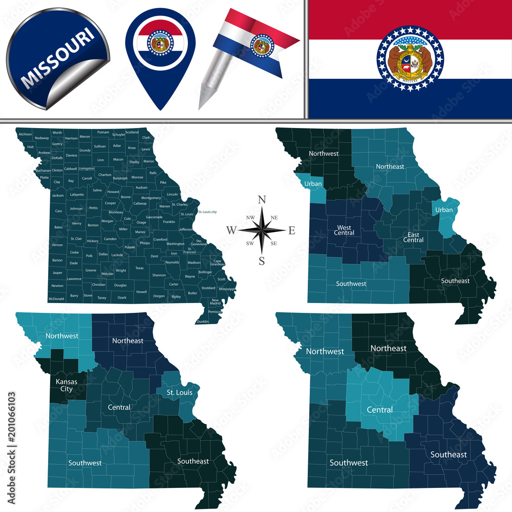 Map of Missouri with Regions Stock Vector | Adobe Stock