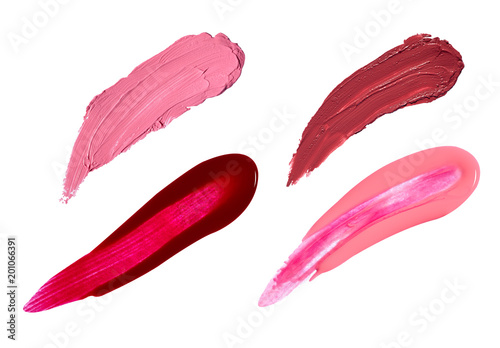 collection of various lipstick and nail polish strokes on white background. each one is shot separately