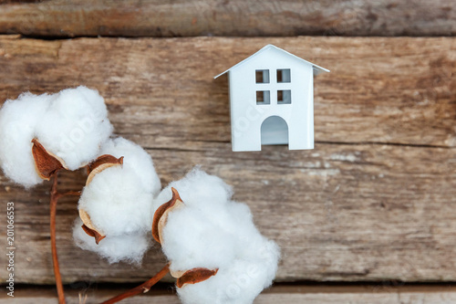 Miniature white toy house with cotton flowers on a rustic old vintage wooden background, free space for text. Real estate mortgage property insurance dream home ecology natural organic farm allergy photo