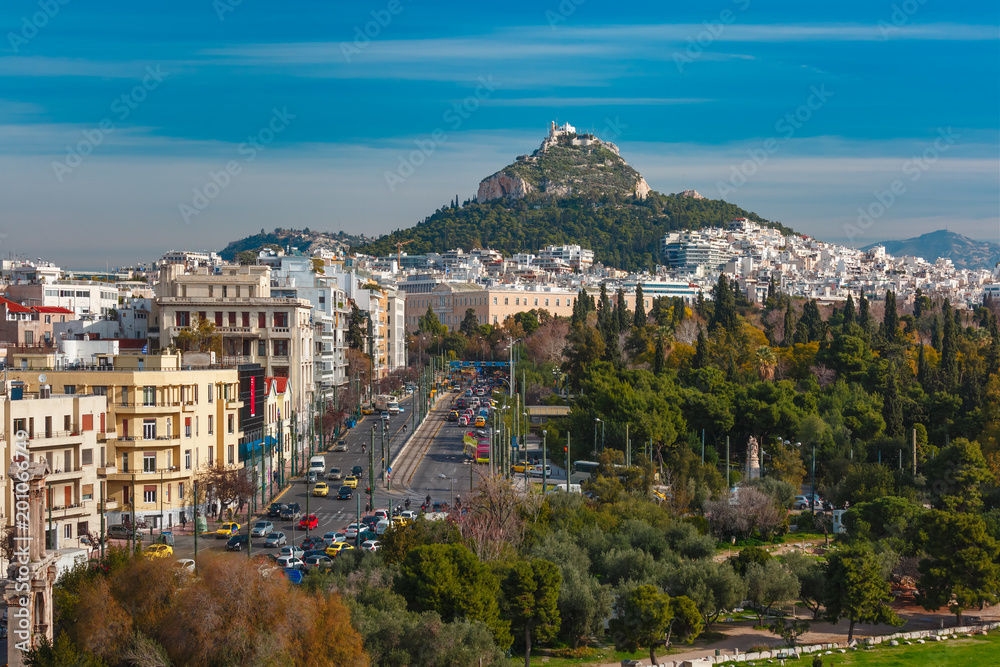 Aerial city view with Mount Lycabettus in Athens, Greece
