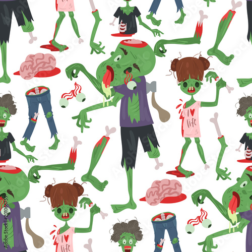Colorful zombie scary cartoon halloween magic people body green character seamless pattern background part monsters vector illustration.