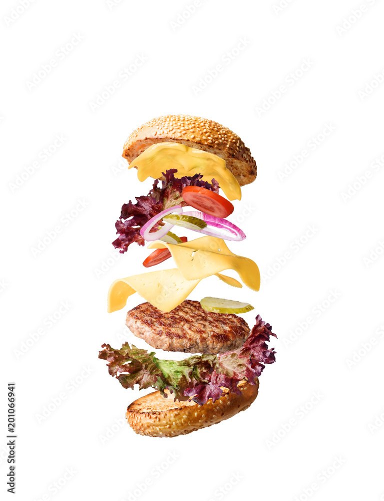 juicy and fresh classic burger with ingredients on white background