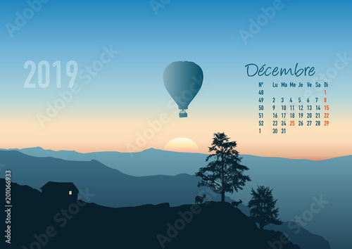 calendrier 2019 - calendrier - montgolfière - 2019 - paysage - décembre - année - mois - hiver - jour férié