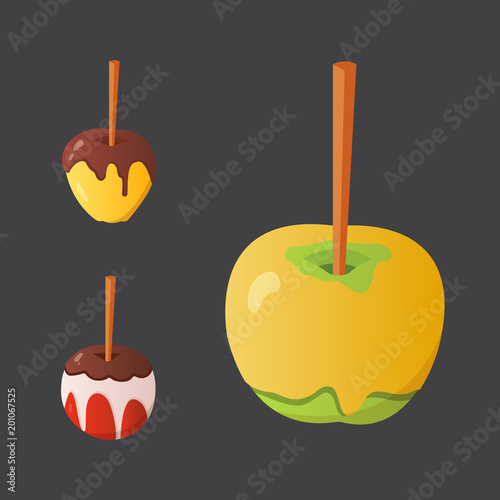 Sweet caramel and chocolate candy apple set. Vector illustration in cartoon style.