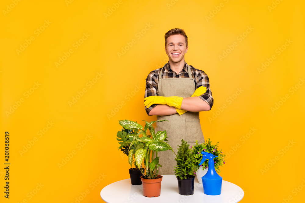 Bloom blossom botany pottery rural rustic agriculture glory beauty cultivate concept. Portrait of professional cheerful satisfied friendly florist with crossed folded arms hands isolated on background Bloom blossom botany pottery rural rustic agriculture glory beauty cultivate concept. Portrait of professional cheerful satisfied friendly florist with crossed folded arms hands isolated on background