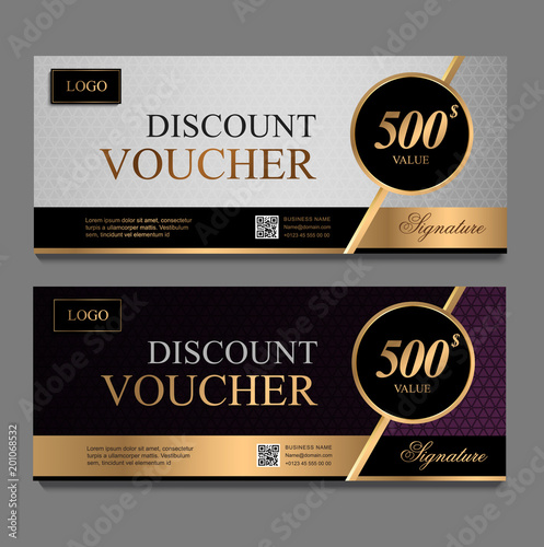 Discount voucher template with gray and purple certificate. Background design coupon, invitation, currency. Set of stylish discount voucher gray and purple. gift card, coupon.