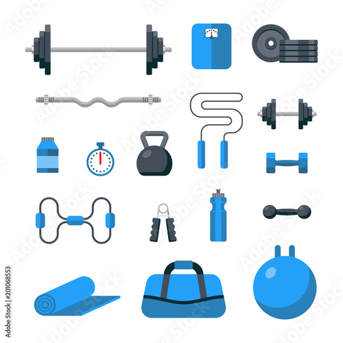 Flat design icons on fitness gym exercise equipment