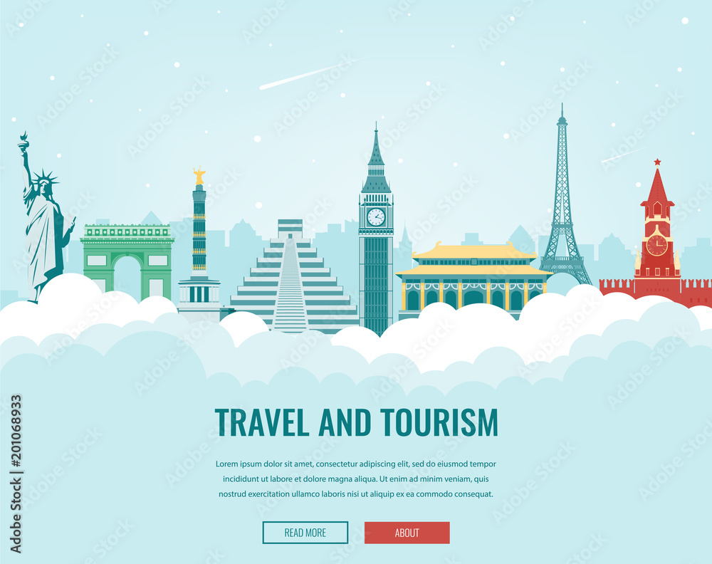 Travel composition with famous world landmarks. Travel and Tourism. Concept website template. Vector