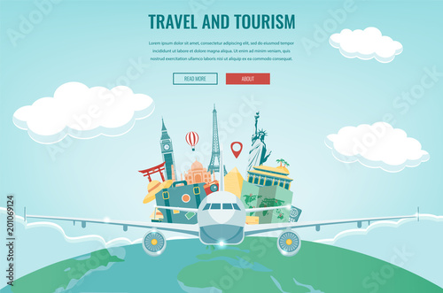 Travel composition with famous world landmarks. Travel and Tourism. Concept website template. Vector