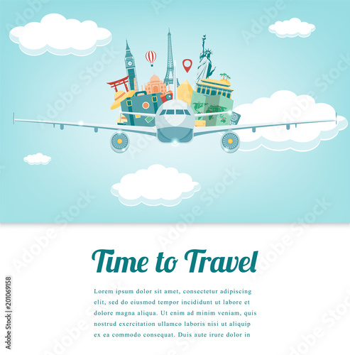 Travel composition with famous world landmarks. Travel and Tourism. Vector