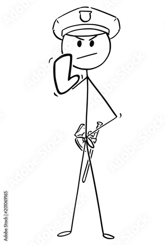 Cartoon stick man drawing conceptual illustration of policeman or police officer indicating stop or halt gesture.