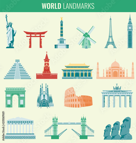 Famous World Landmarks. Travel and Tourism concept. Vector