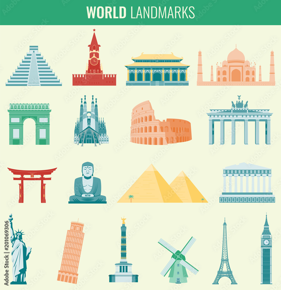 Famous World Landmarks. Travel and Tourism concept. Vector