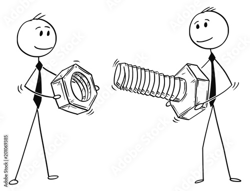 Cartoon stick man drawing conceptual illustration of two businessmen carrying big bolt and nut. Business concept of problem and solution.
