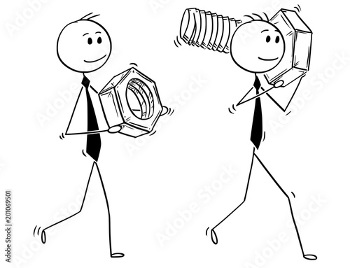 Cartoon stick man drawing conceptual illustration of two businessmen carrying big bolt and nut. Business concept of problem and solution.
