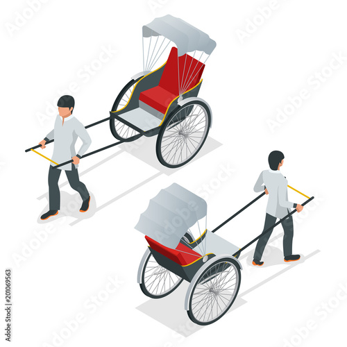 Isometric Hand Pulled Rickshaw, Rickshaw China or Indian vector. Front and rear view.