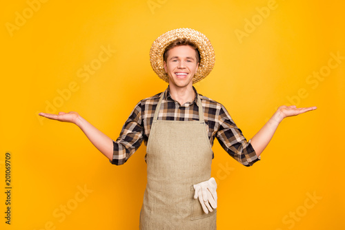 Gloves hay headwear rustic rural benefit direction way care promo people person concept. Portrait of confident satisfied gardener asking to make choice isolated on background copy space empty blank