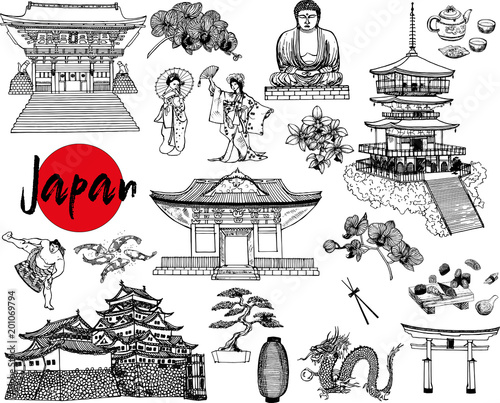 Set of hand drawn sketch style Japanese themed objects isolated on white background. Vector illustration.