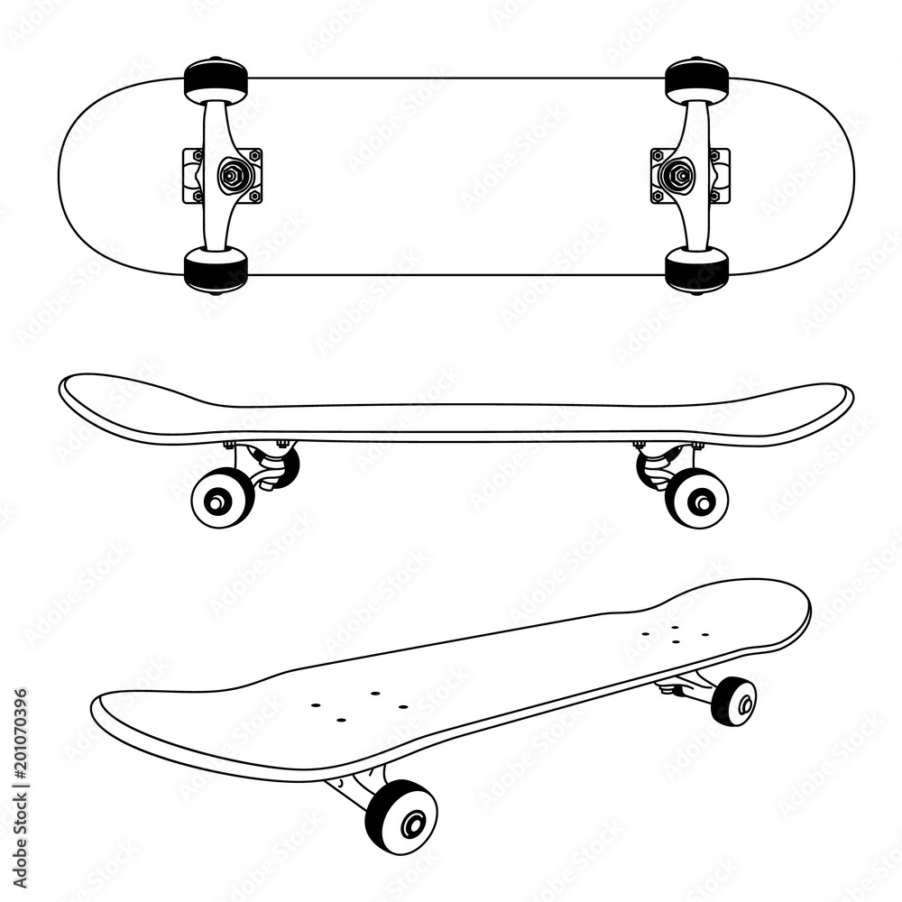Classic skateboard view from the side, bottom and at an angle. Monochrome  contour drawing. Stock Vector | Adobe Stock