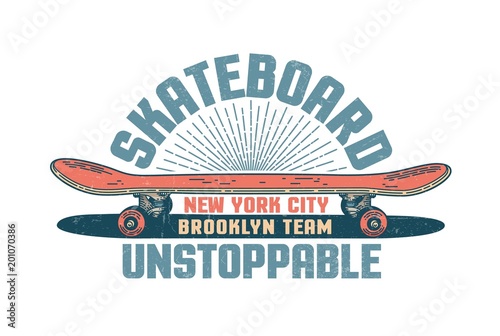 Skateboarding vintage emblem with red skateboard and inscriptions. Distressed textures on separate layer.