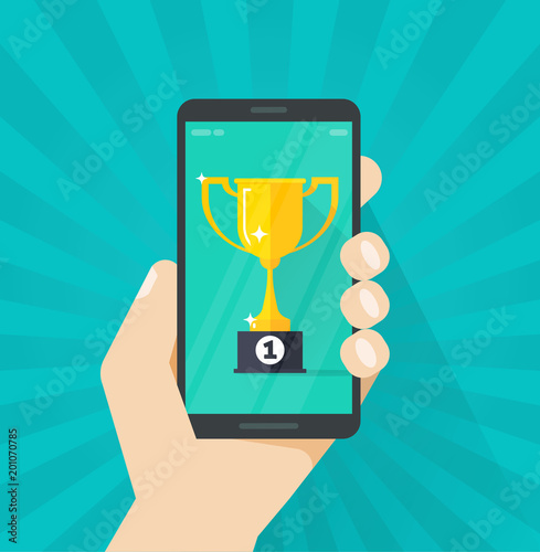 Online award goal achievement vector, mobile phone and success winner holding golden cup prize, first place victory, smartphone competition winner, digital or electronic reward, internet web champion