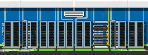 Server racks room with air conditioner flat line vector illustration. Datacenter icon.