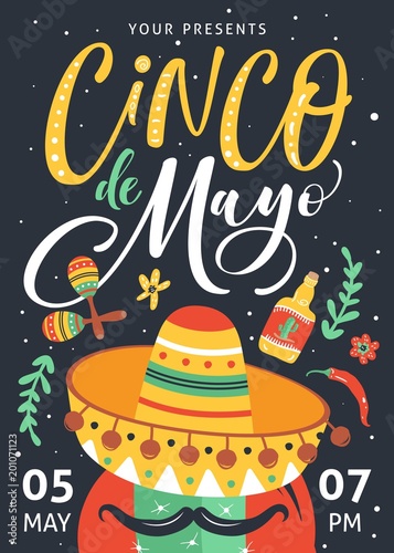 Cinco De Mayo poster design with hand written text.