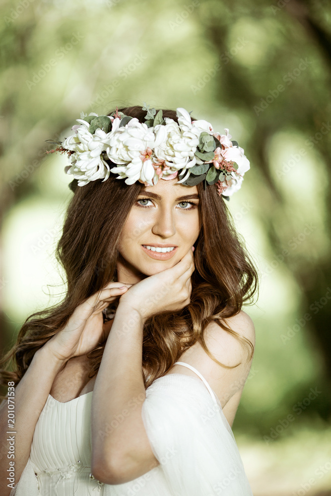 Brunette bride in fashion white wedding dress with makeup Brunette bride in fashion white wedding dress with makeup