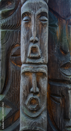 Wooden Tree Sculpture: Close-up of Face Carved in Wood, Handmade.