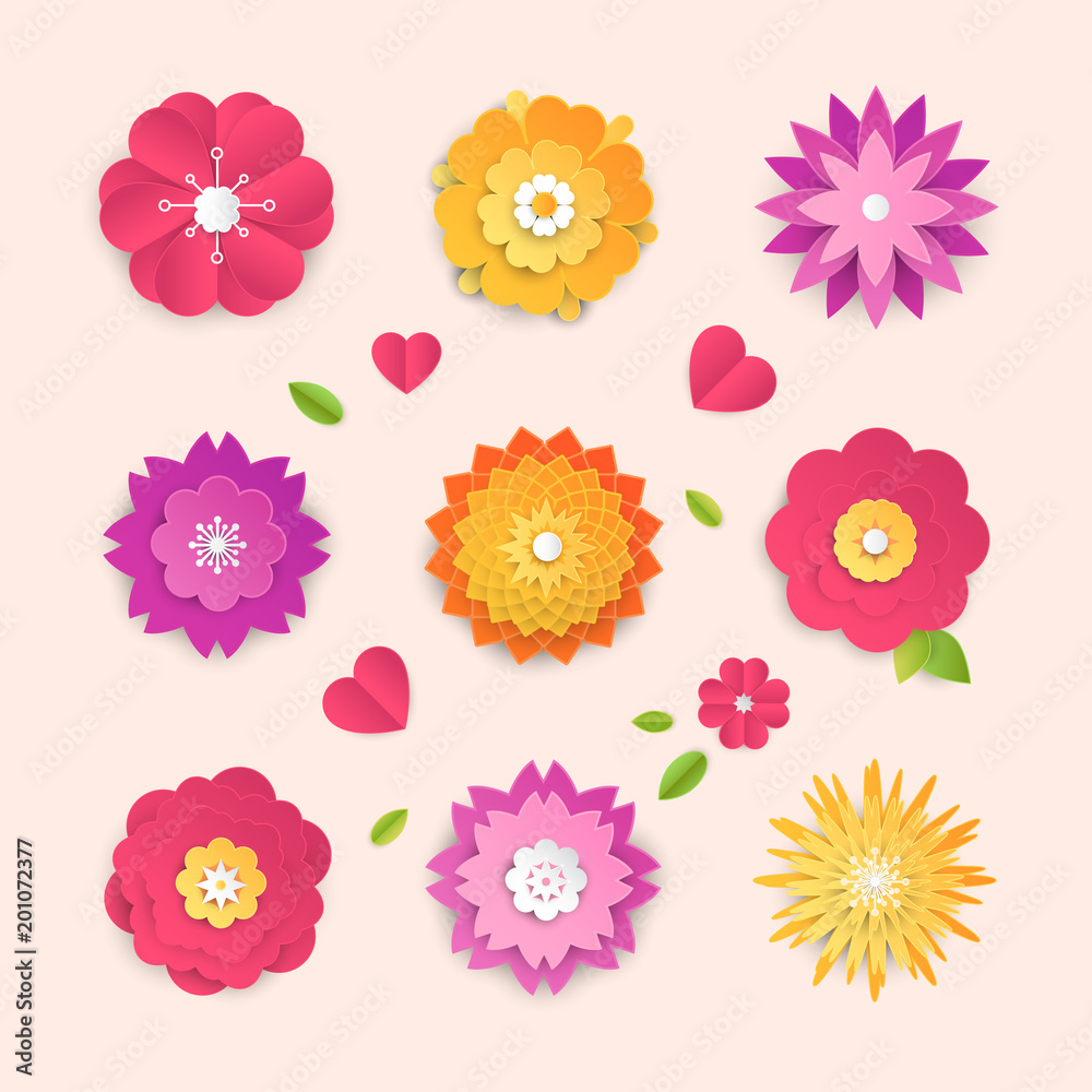 Paper cut flowers - set of modern vector colorful objects