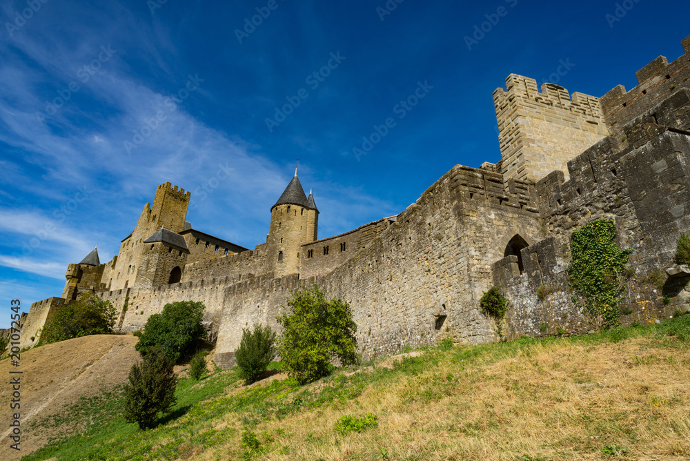 Looking up at the Castle fortress of Carcassonne in the south of France