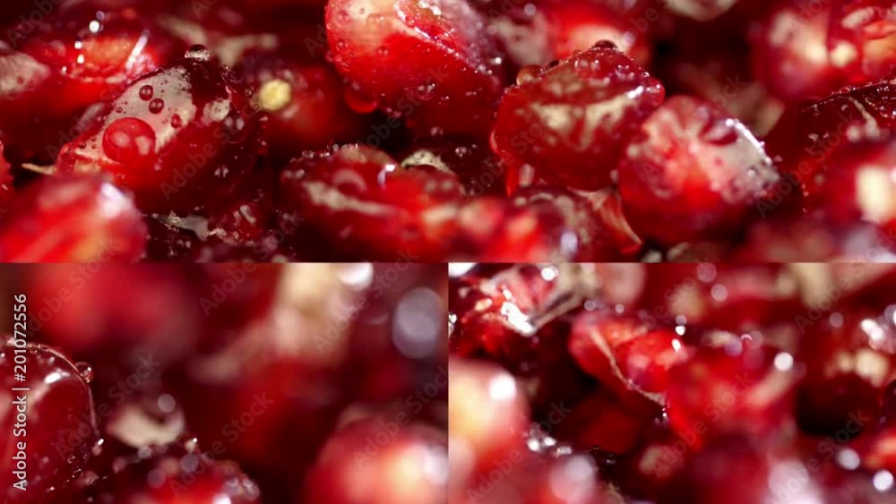 collage. Pomegranate close up. Beautiful juicy red pomegranate. Several frames on one video. Rotating fresh pomegranate seeds for food. Pomegranate collage. Pomegranate close up. Beautiful juicy red pomegranate. Several frames on one video. Rotating fresh pomegranate seeds for food. Pomegranate