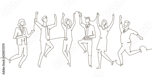 Business team celebrating - one line design style illustration