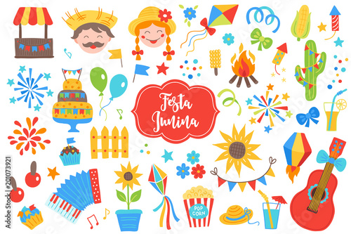 Festa Junina design elements. Firework, balloon, cake, flag, cupcake, couple