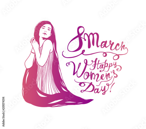 8 march. Happy Women's Day. Girl with long hair.