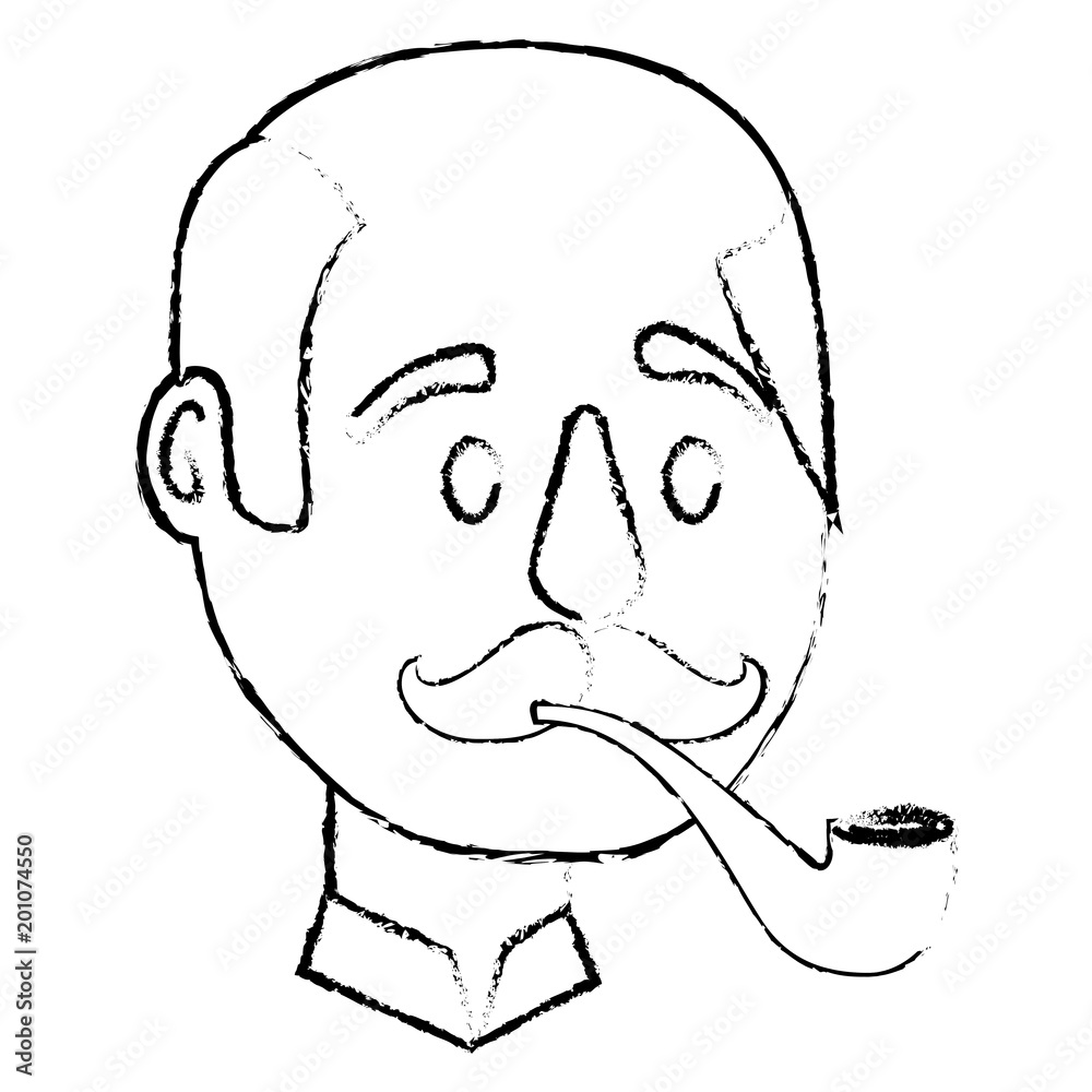 bald man character face with mustache and smoking pipe vector illustration sketch bald man character face with mustache and smoking pipe vector illustration sketch