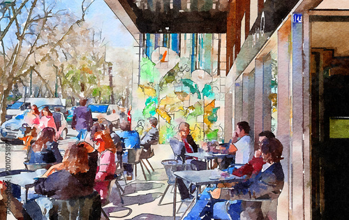 people in cafe of  Lisbon, watercolor style