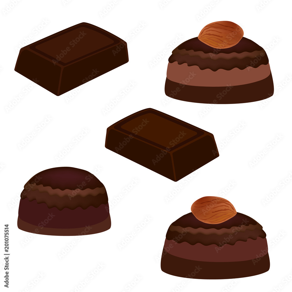 Chocolate closeup. Chocolate bar and chocolate candies isolated on white background. Vector illustration. Chocolate closeup. Chocolate bar and chocolate candies isolated on white background. Vector illustration.