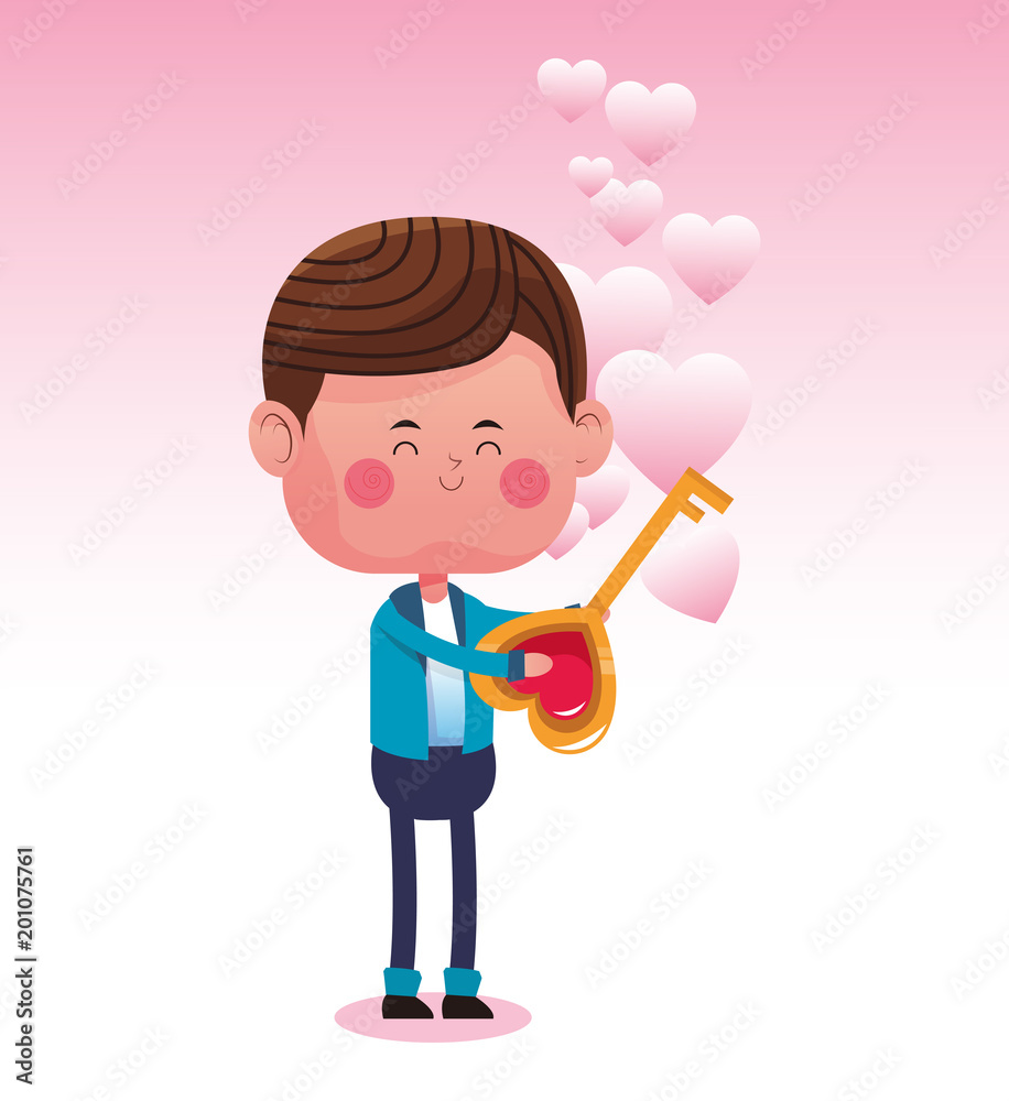 Cute boy with key cartoon vector illustration graphic design